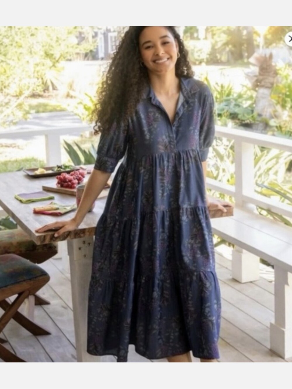 Natural Life Rebecca Wisteria Chambray Floral Tiered Oversized Boho Midi Dress - Picture 2 of 9